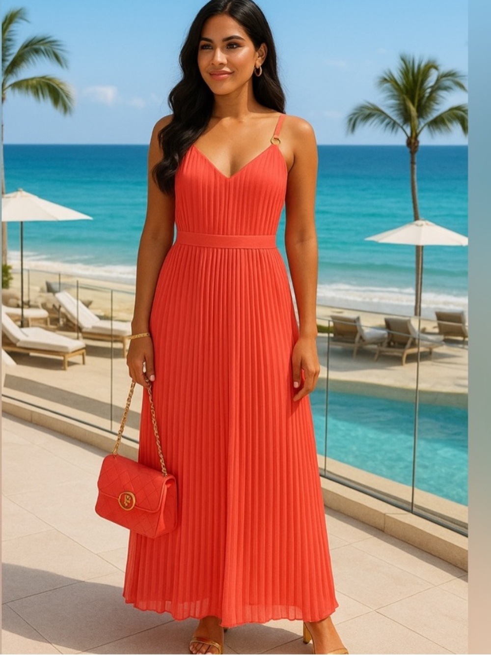 NWT Michael Kors Sangria Pleated Maxi Dress Petite Small PS Coral Pink Resort